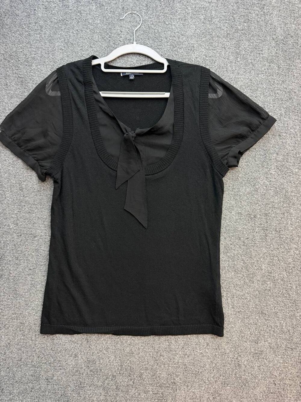 AK Anne Klein Women's L Black Knit Chiffon Sleeve Tie Neck Blouse Top